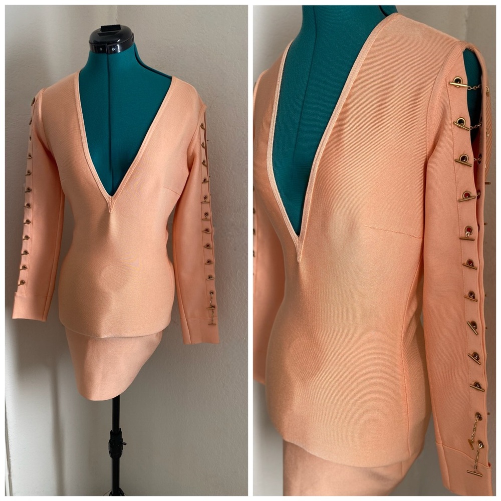 House of CB Peach Mini Dress with Grommet Sleeve Detail